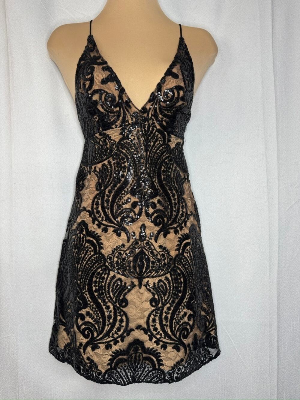 434. Free People Sequin Lace Slip Dress Beige Black Size 0
